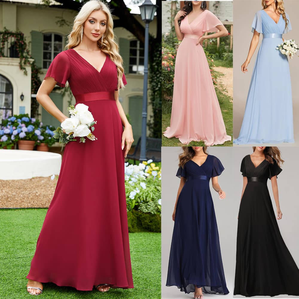 Women's Clothing Hand Folded Large Swing Double V Neck Trumpet Sleeve Chiffon Banquet Bridesmaid Plus Size Evening Dress