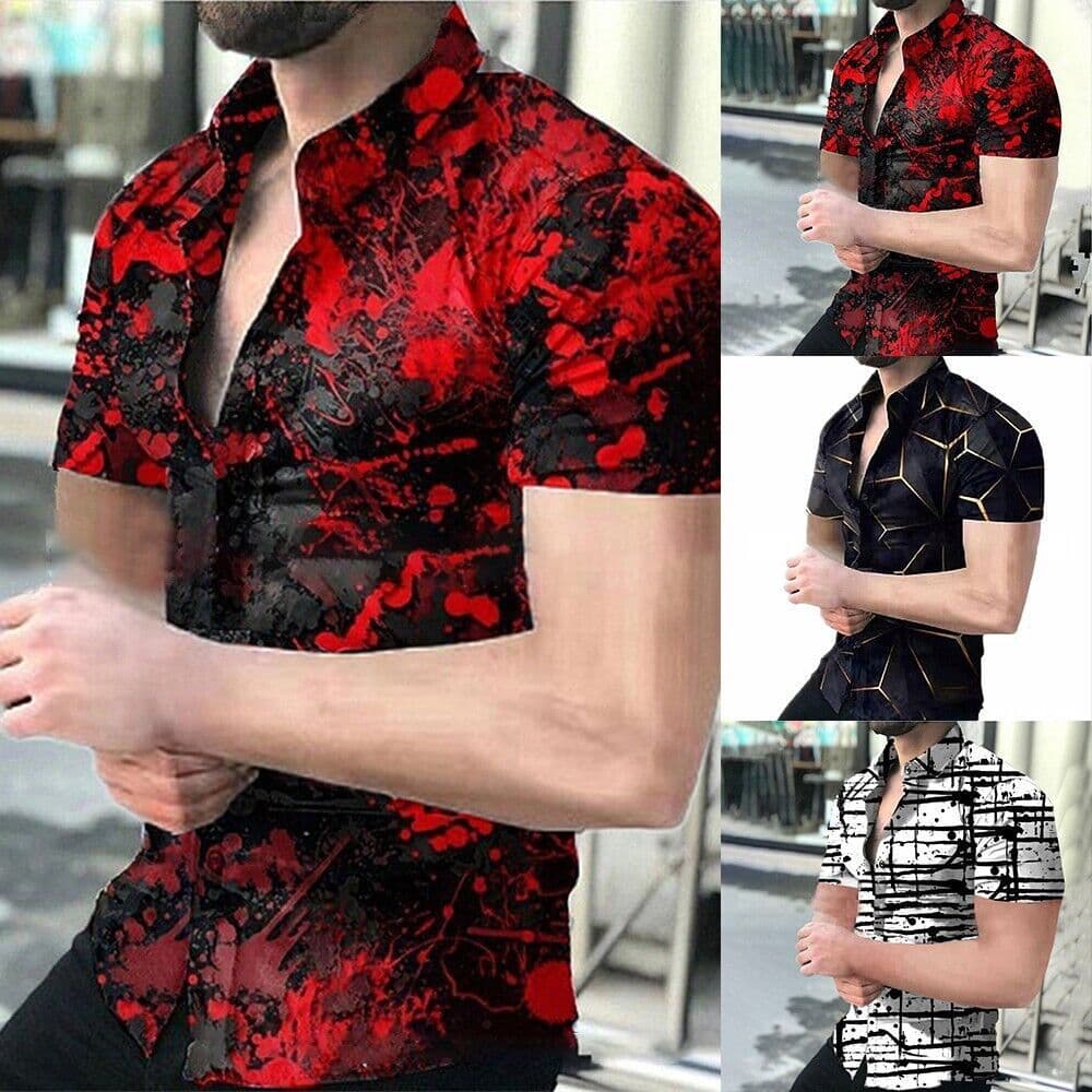 2024 Summer Men's Lapel Short Sleeved 3D Printed Casual Slim Fitting Men's Top Shirt
