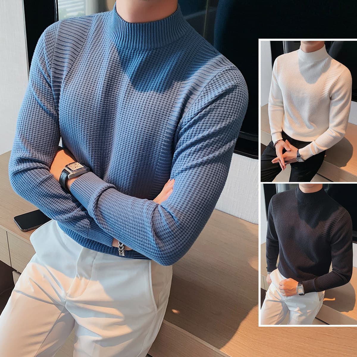 Men's Clothing Autumn and Winter Korean Style Half Turtleneck Slim Bottom Shirt Mid Neck Pullover Solid Color Knitted Sweater Fashion Men Wholesale