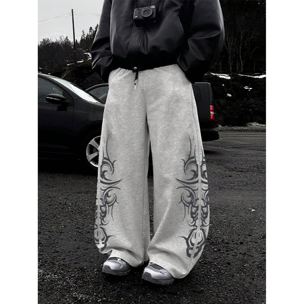 Retro Print Jogger Pants - High Street Hip-Hop Inspired Straight-Leg Sweatpants For Men, Polyester Casual Trousers With Drawstring Waist