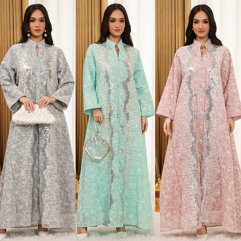 Women's Clothing Elegant Dubai Jalabiya Dress – Winter Fashion With Tribal Embroidery (Gray, Pink, Green, S-XXL, Long Sleeve & Flowy Fit)