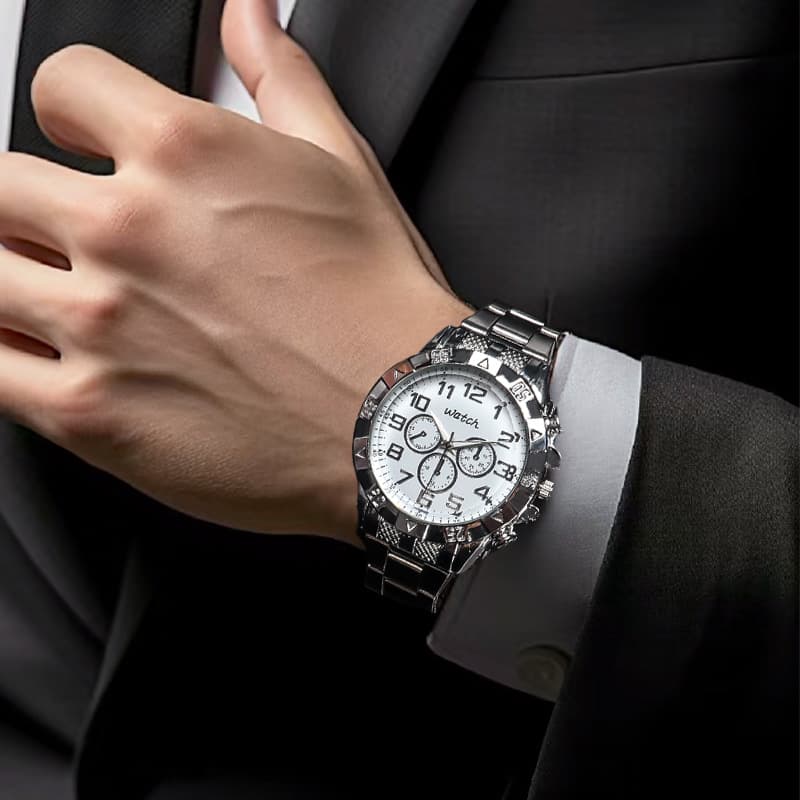 large dial three eyes steel band watch blue light glass men's watch men's watch