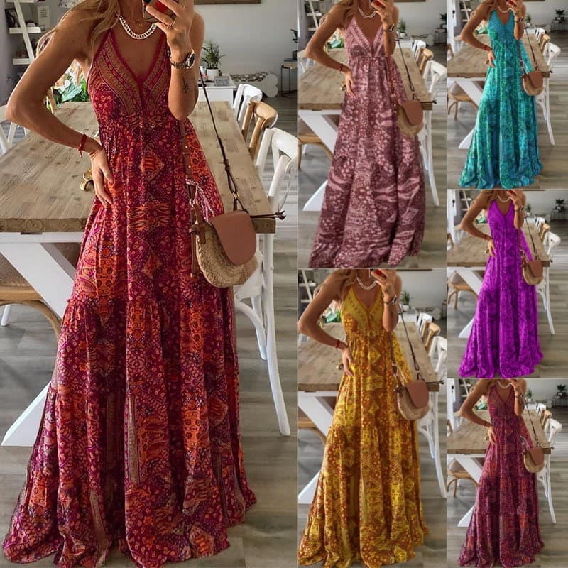 Women's Clothing Bohemian style new suspender long skirt high waist V-neck printed floral dress women's clothing