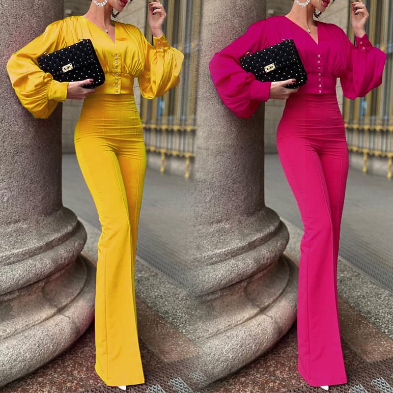 Women's Clothing Fashion Short Shirt Slim High-waisted Flared Pants Two-piece Set