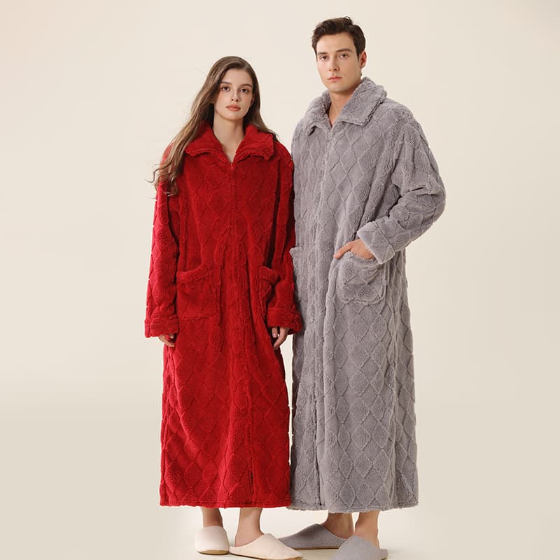 Nushu Cotton Lint Long-sleeved Prismatic Plaid Jacquard Nightgown Thickened Thermal Long Bathrobe Loungewear