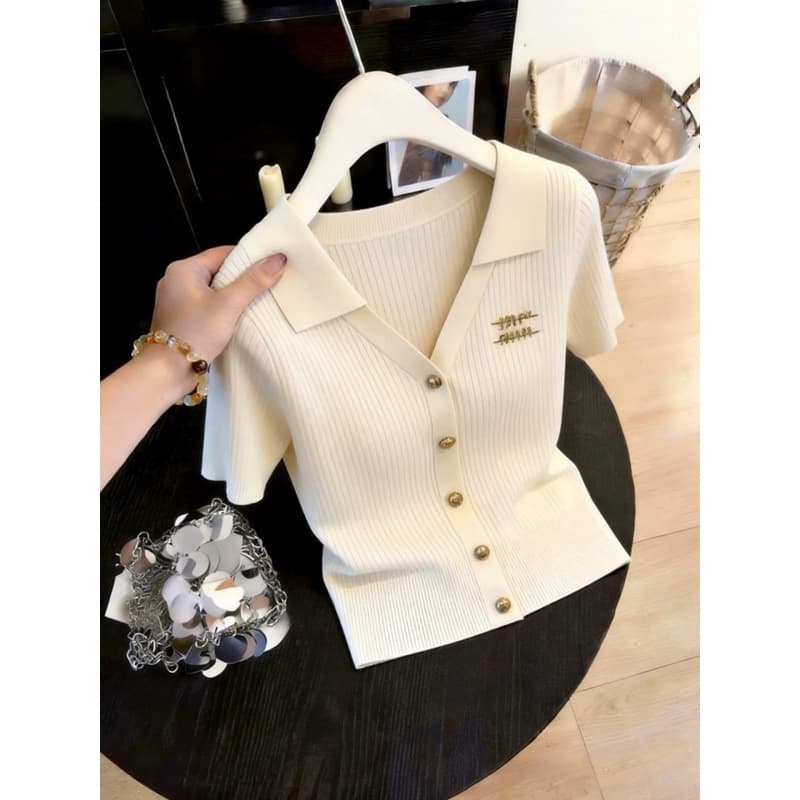 Women's Clothing Korean Style Light Luxury Gray Collared Short Sleeved Knit Top For Women Slim Fit Elegant Summer New Arrival