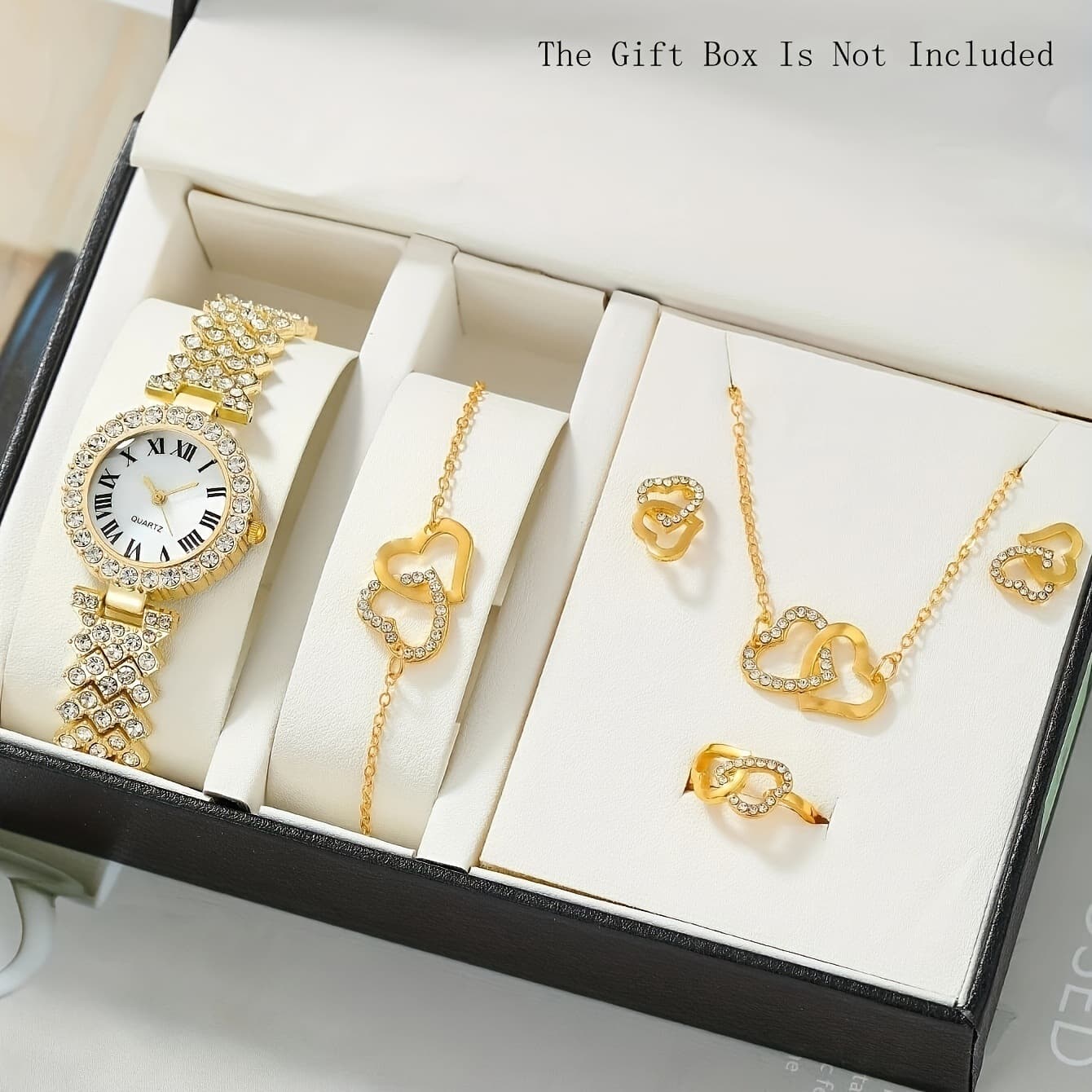 Elegant 5-Piece Ladies Quartz Watch Set With Diamond Accents - Stylish & Versatile Jewelry Gift Box