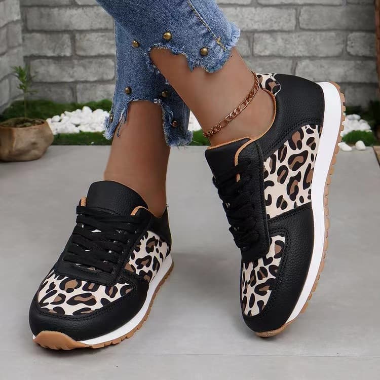 New platform leopard print lace-up casual sneakers for women plus size low top single shoes
