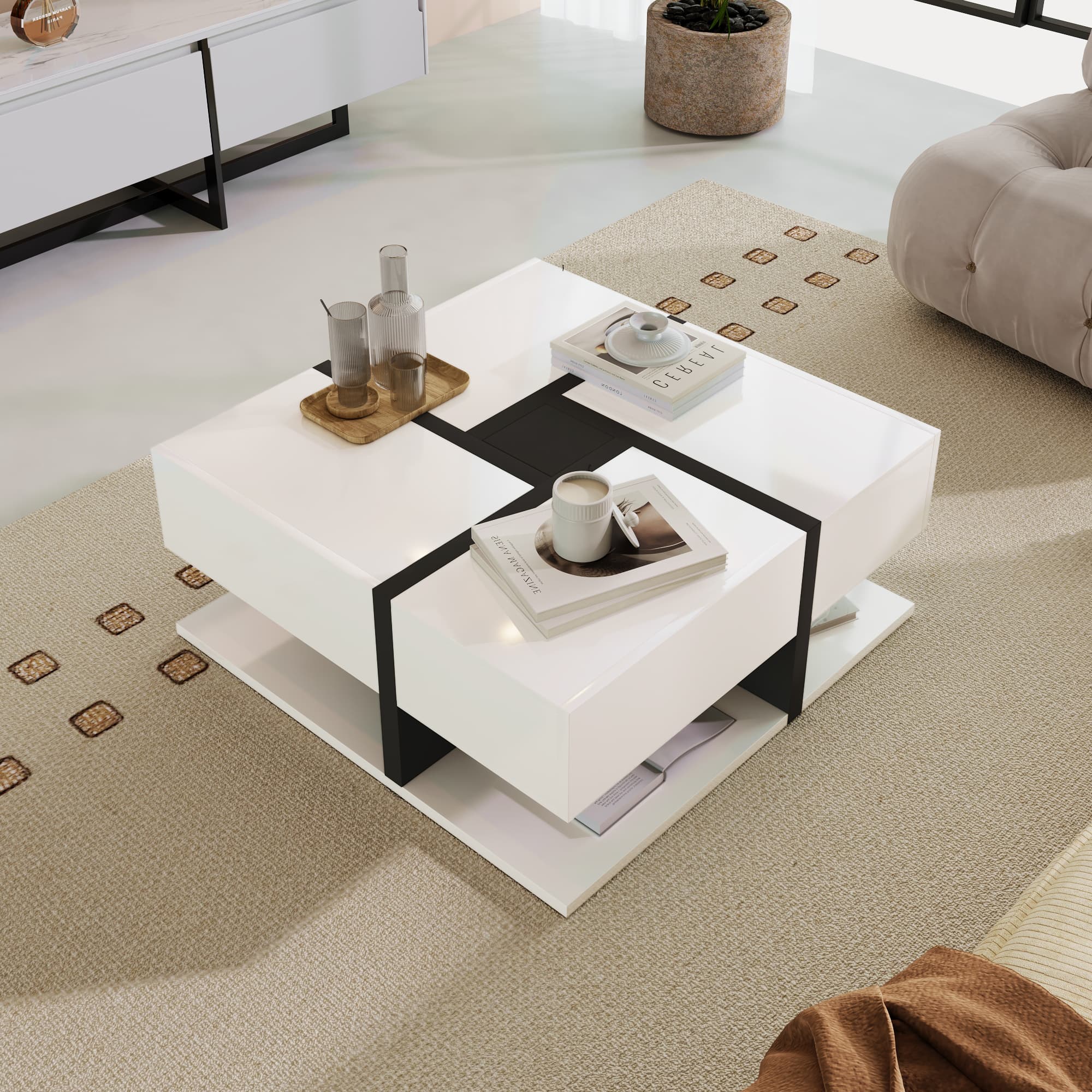 Glossy Coffee Table With 4 Drawers, Unique Color Matching And Line Design, Storage Space Bottom, 78*78*36cm