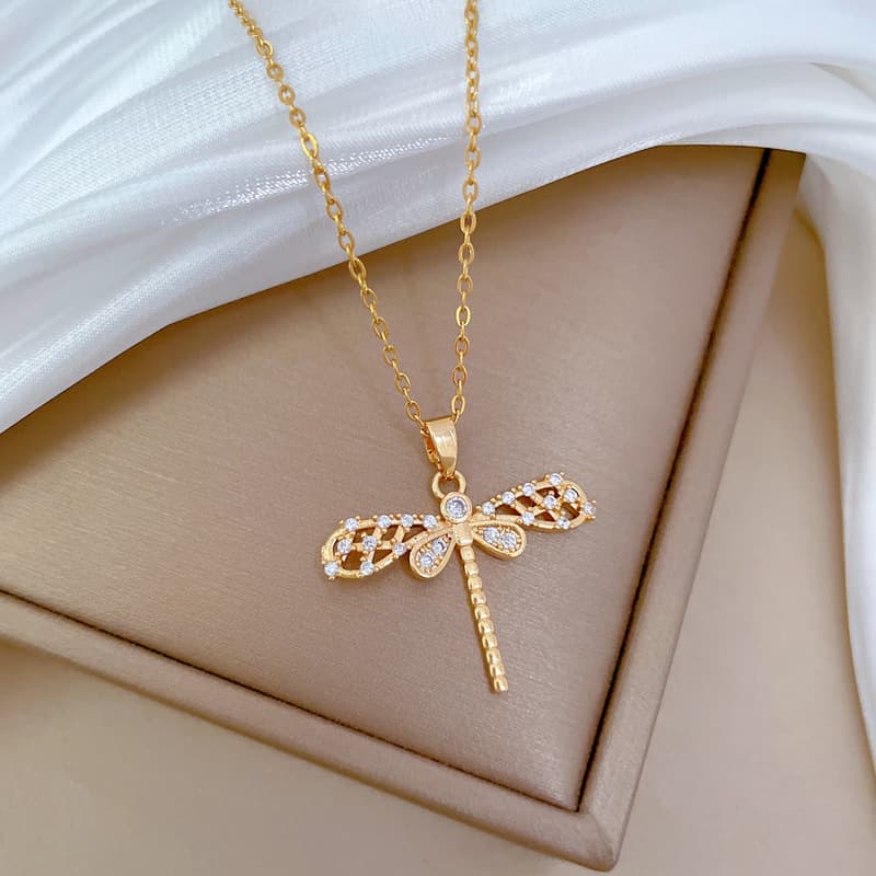 Titanium Steel Copper Gold Plated Cute Sweet Classic Style Inlay Dragonfly Zircon Pendant Necklace