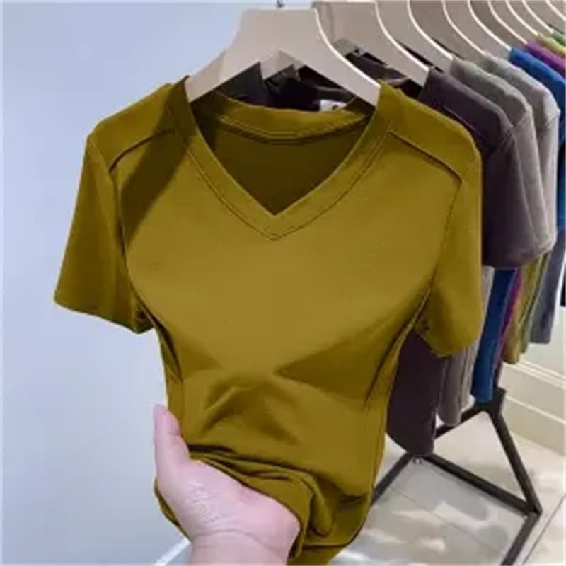 Women's Clothing Thread Short Sleeved T Shirt Women's V Neck Summer New Slim Casual Slim Half Sleeved Bottoming Shirt Tops Women