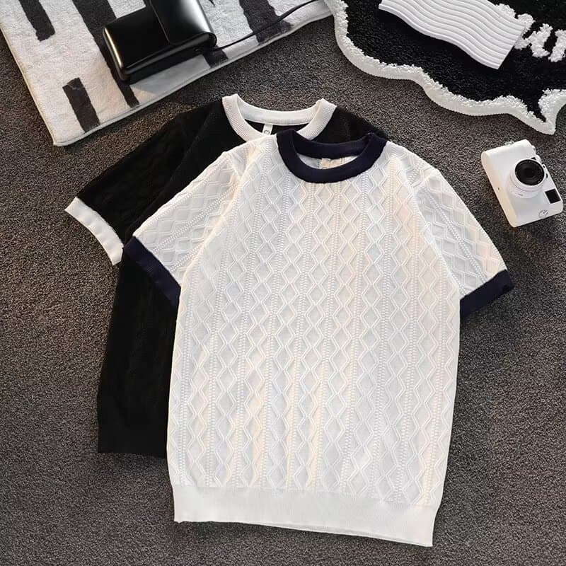 Men's Clothing New Slim Fit Inner T Shirt Men's Handsome Net Red Thin Short Sleeved Knitted Bottoming Shirt Round Neck Color Matching