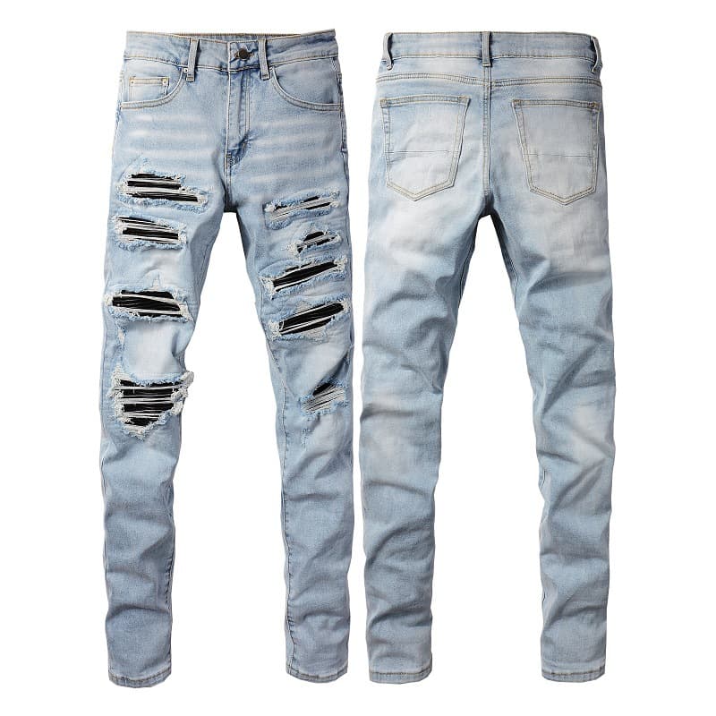 Men's Clothing European And American Casual All Match High Street Jeans Men's Patch Hand Worn Holes Slim Fit Slim Feet 1307