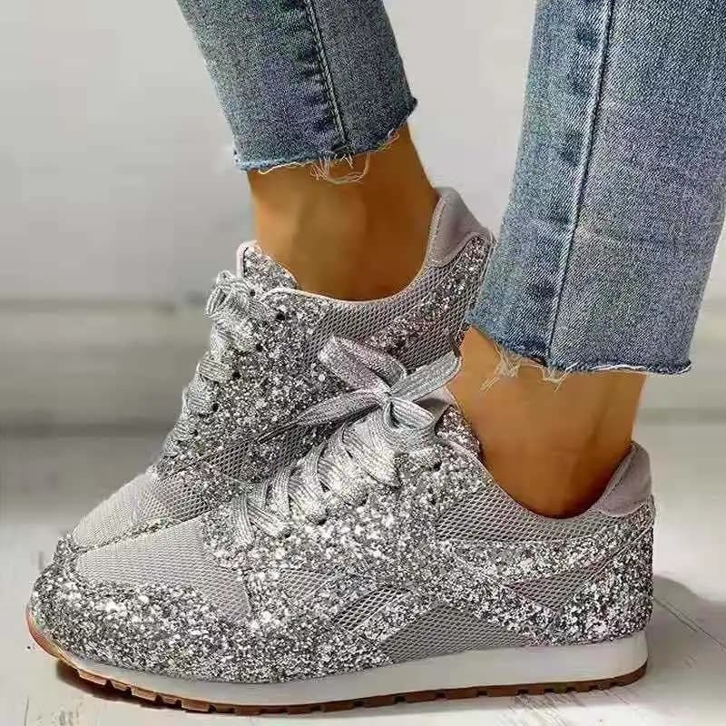 Women Flat Glitter Sneakers Casual Bling Vulcanized Shoes Female Mesh Lace Up Platform Comfort Plus Size Fashion Ladies