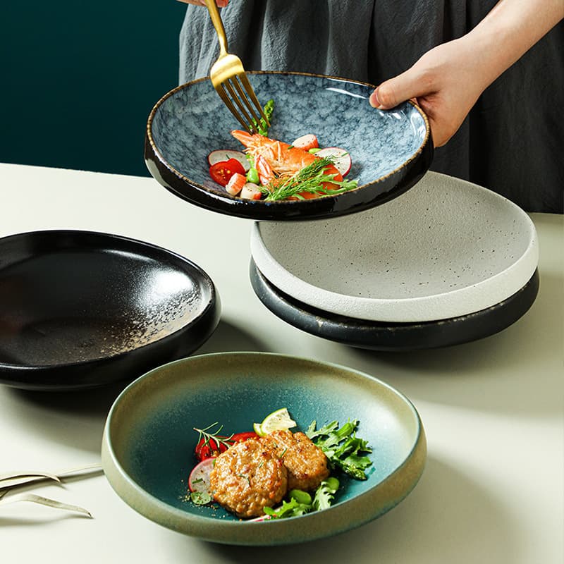 Japanese Retro 8 Inch Large Capacity Thick Rimmed Round Bowl For Home And Restaurant High Value Ceramic Fruit Salad Shallow Bottom Bowl