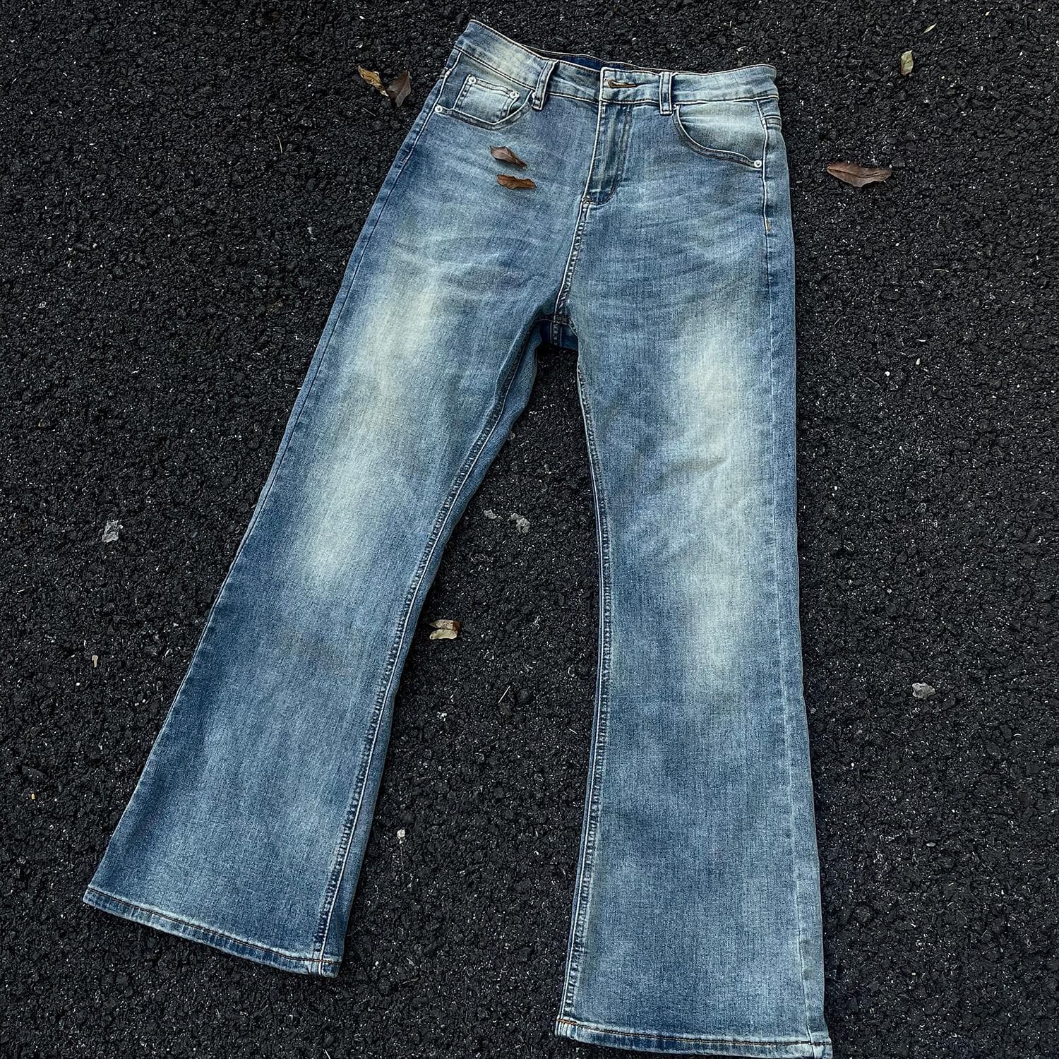 Men's Clothing Retro Washed Blue Denim Cleanfit Distressed High Street Vibe Flared Jeans