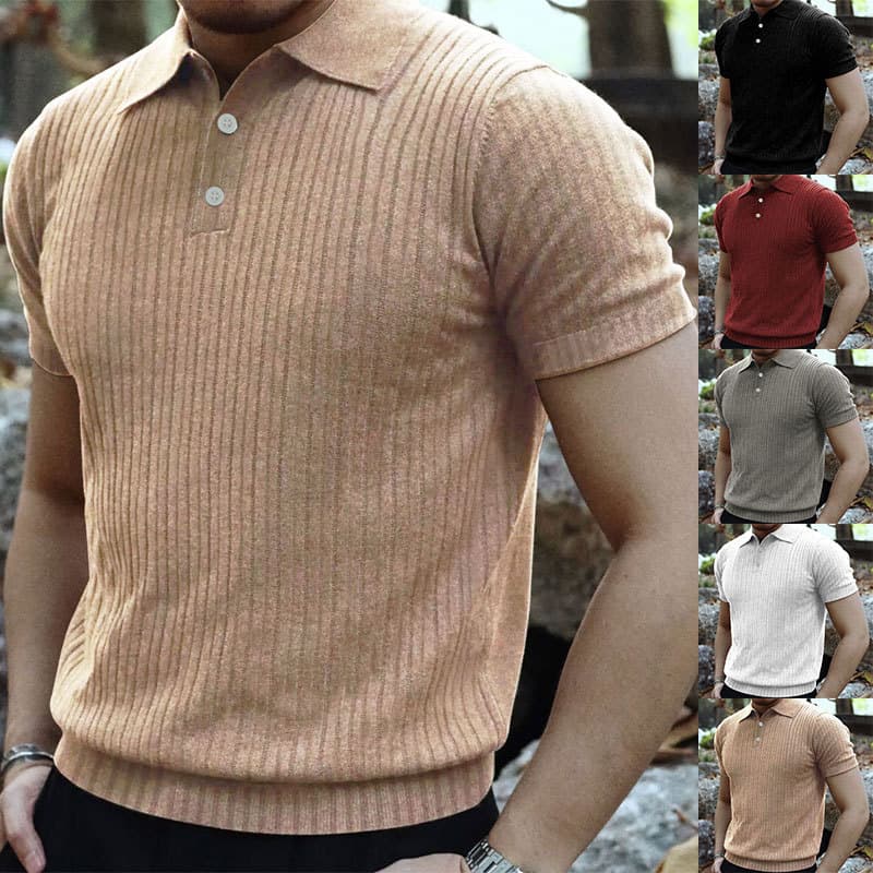 Men's 24 Solid Color Short Sleeve Trendy New Vertical Striped Turn-Down Collar Polo Versatile Elegant Button T-Shirt