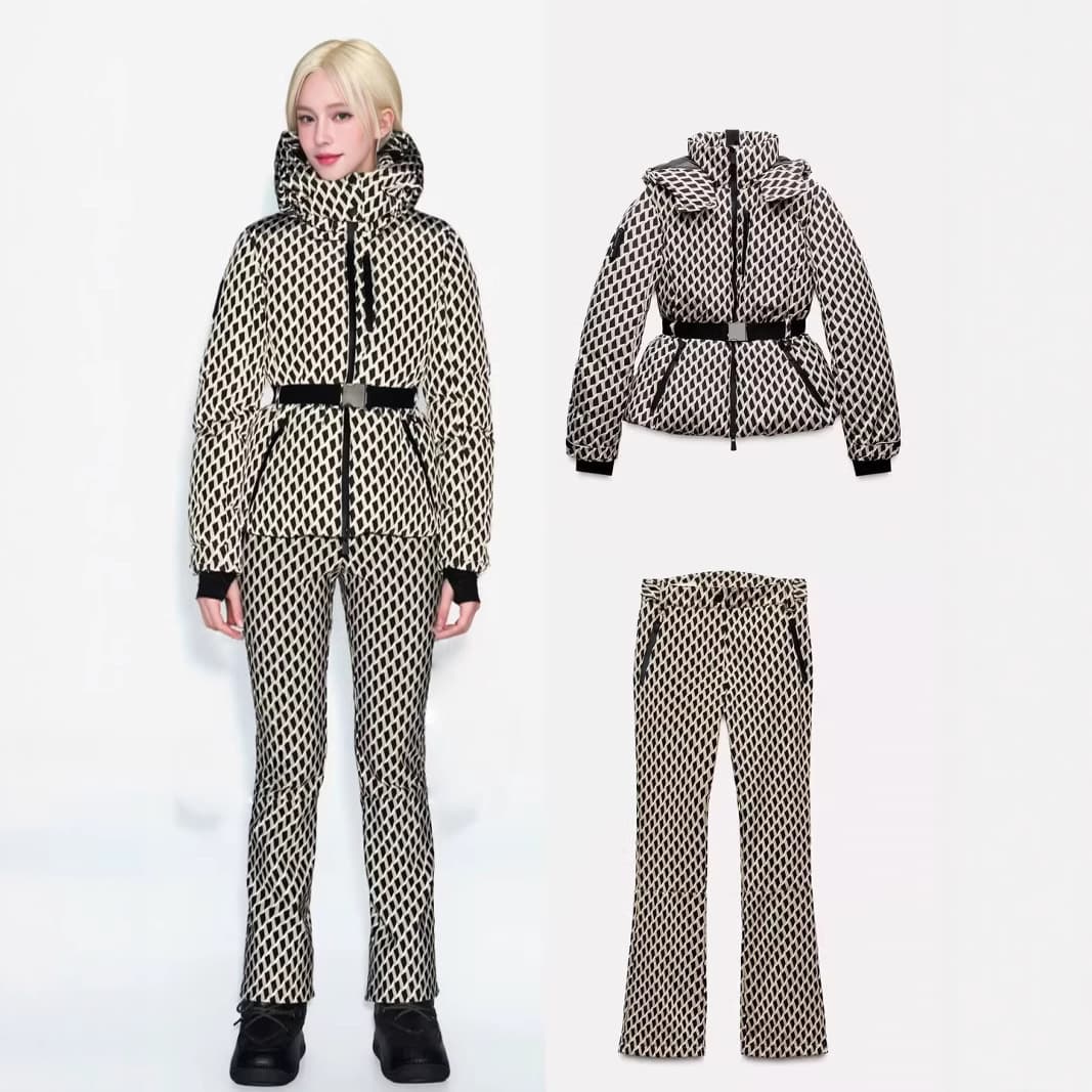 Trendy Ski-Inspired Quilted Set - Waist-Cinching Puffer Jacket & Pants With Belt Detail (Plaid, S-L)​