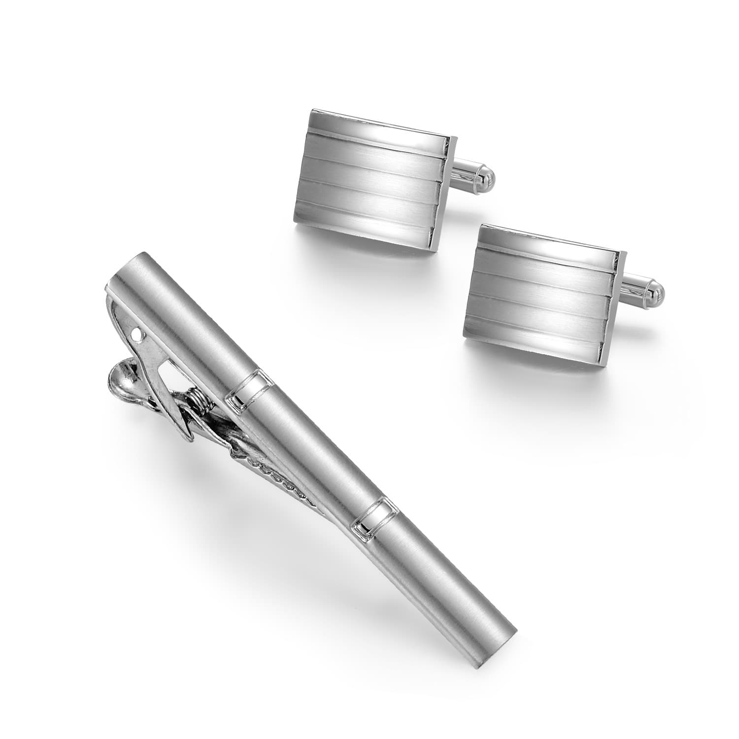 Men's Business Tie Clip Cufflinks Set Simple Silver Striped Tie Clip Suit Accessories Hot Sale