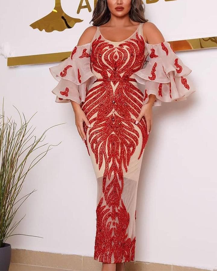 Women's Clothing Sexy Hot Stamping Long Sleeved Banquet Dress The hot stamping process will cause slight powder loss, so please don't buy if you mind