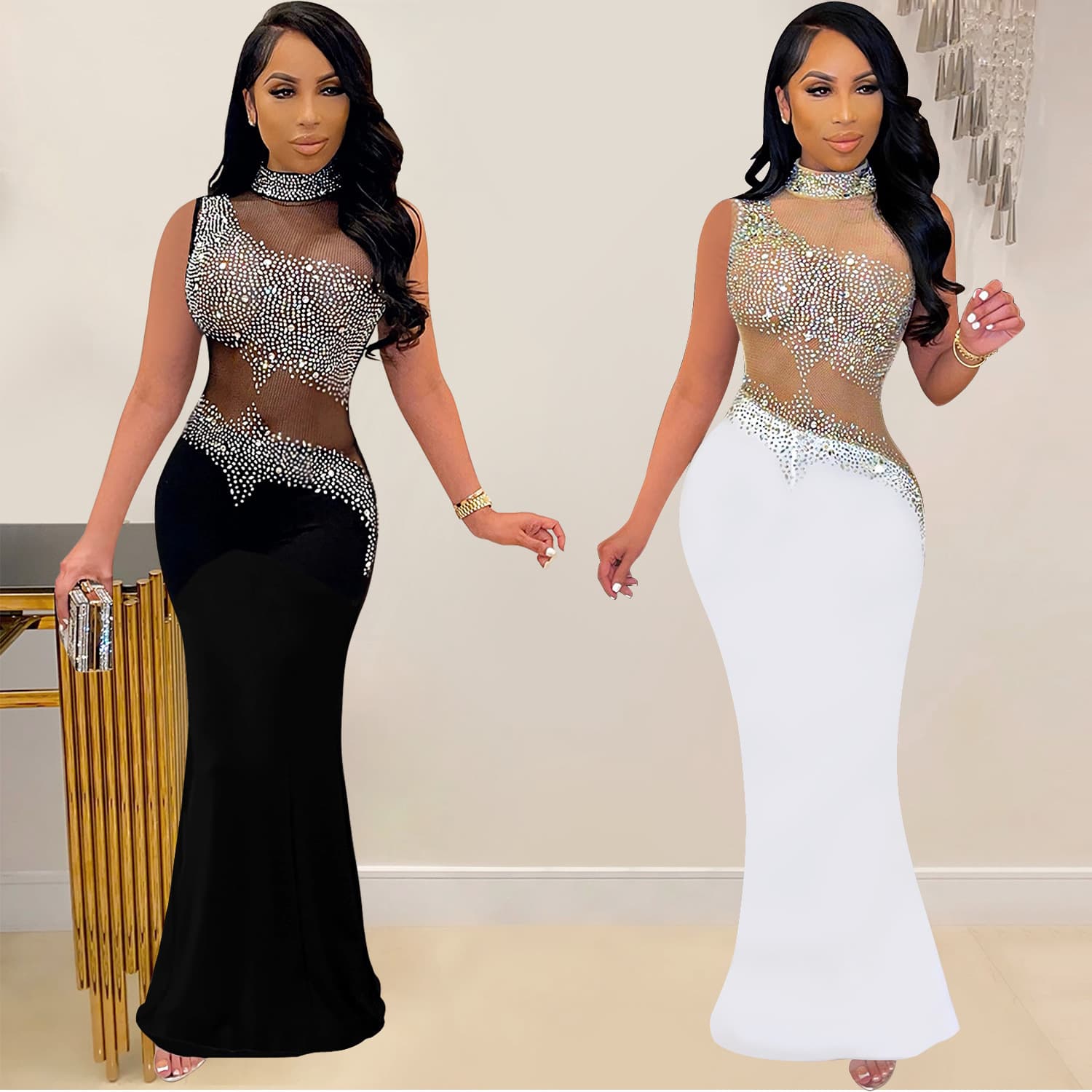 Women's Clothing Diamond Mesh Sleeveless Dress