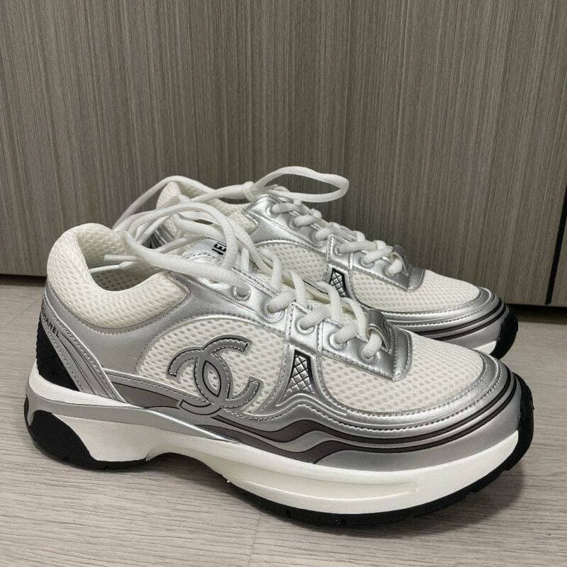 Baskets Chanel unisexe argentées style papa, nouvelles chaussures décontractées à lacets, bout rond, semelle épaisse en maille métallisée reha