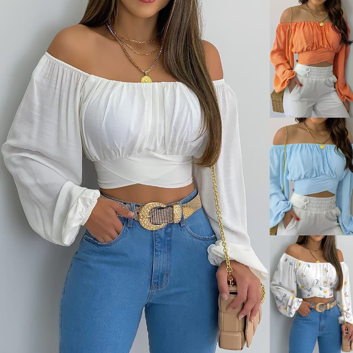 Women's Clothing Off Shoulder Cross Strap Long Sleeved Tops in Stock