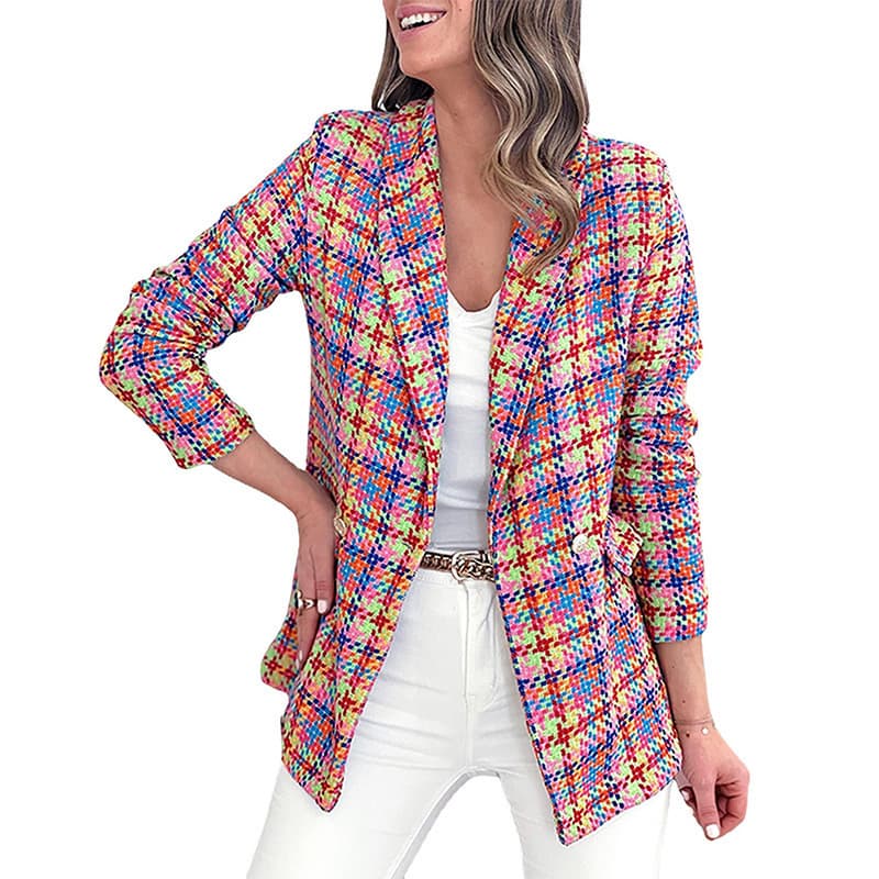 Women's Clothing Plaid Print Long Sleeve Pocket Two-Button Blazer Women