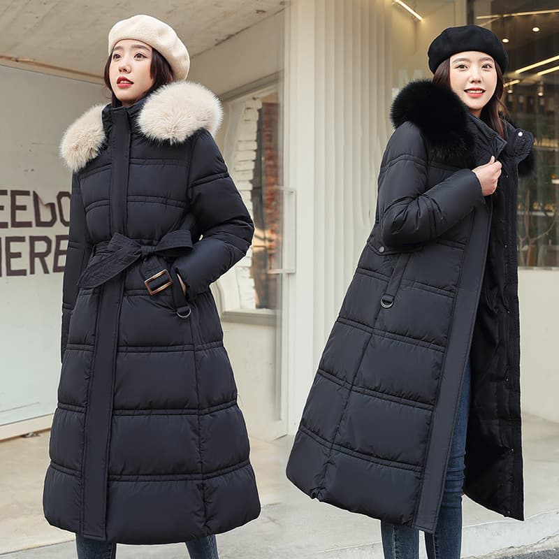 Women's Clothing length cotton coat with large fur collar and hood, slim fit, cold proof clothing, elegant large size knee length cotton coat