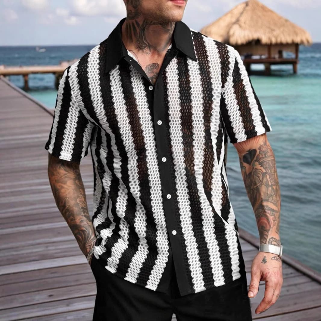 Men's Clothing New Summer Black And White Striped Short Sleeves Comfortable Casual