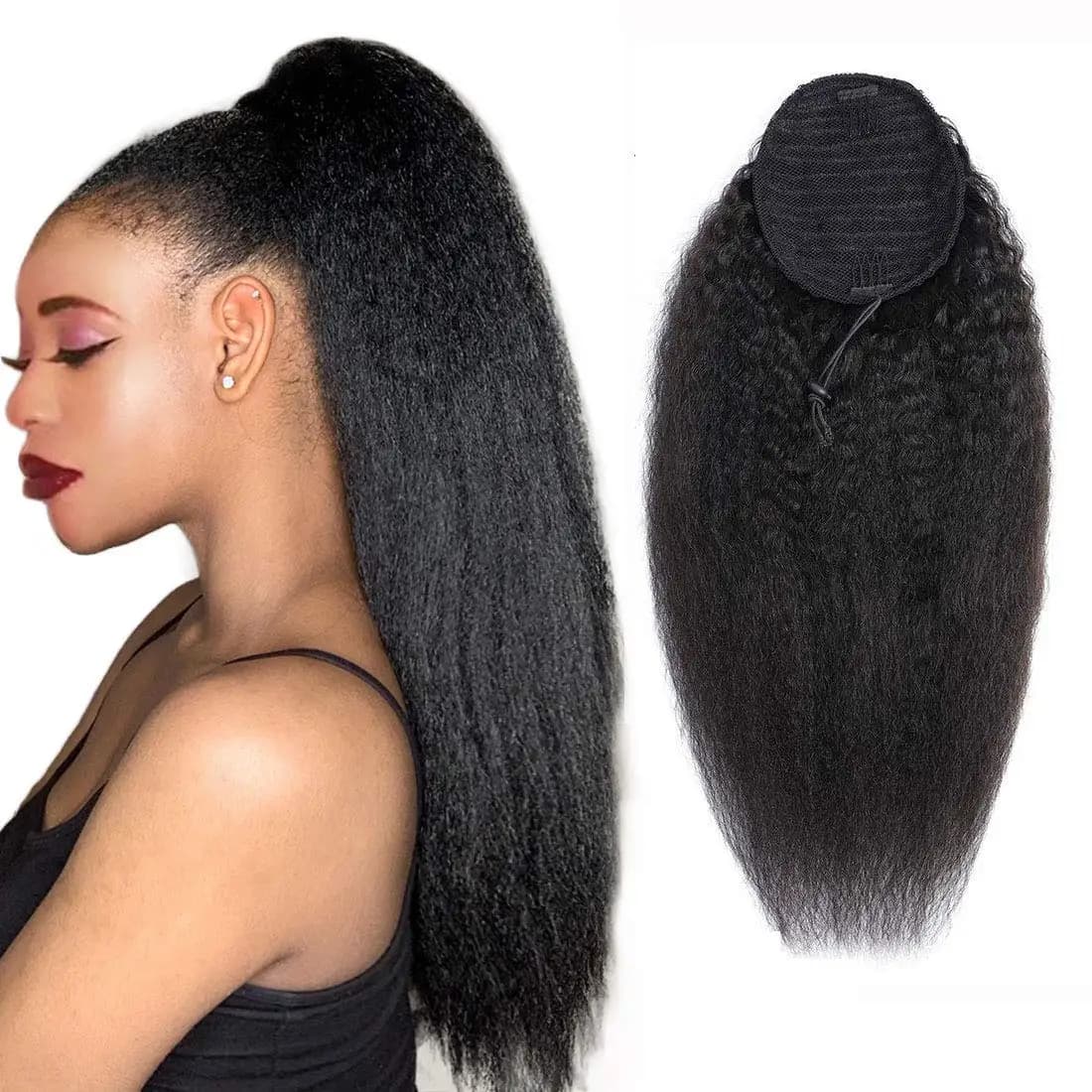 Kinky Straight Human Hair Ponytail Extension Yaki Drawstring Natural Black for Women