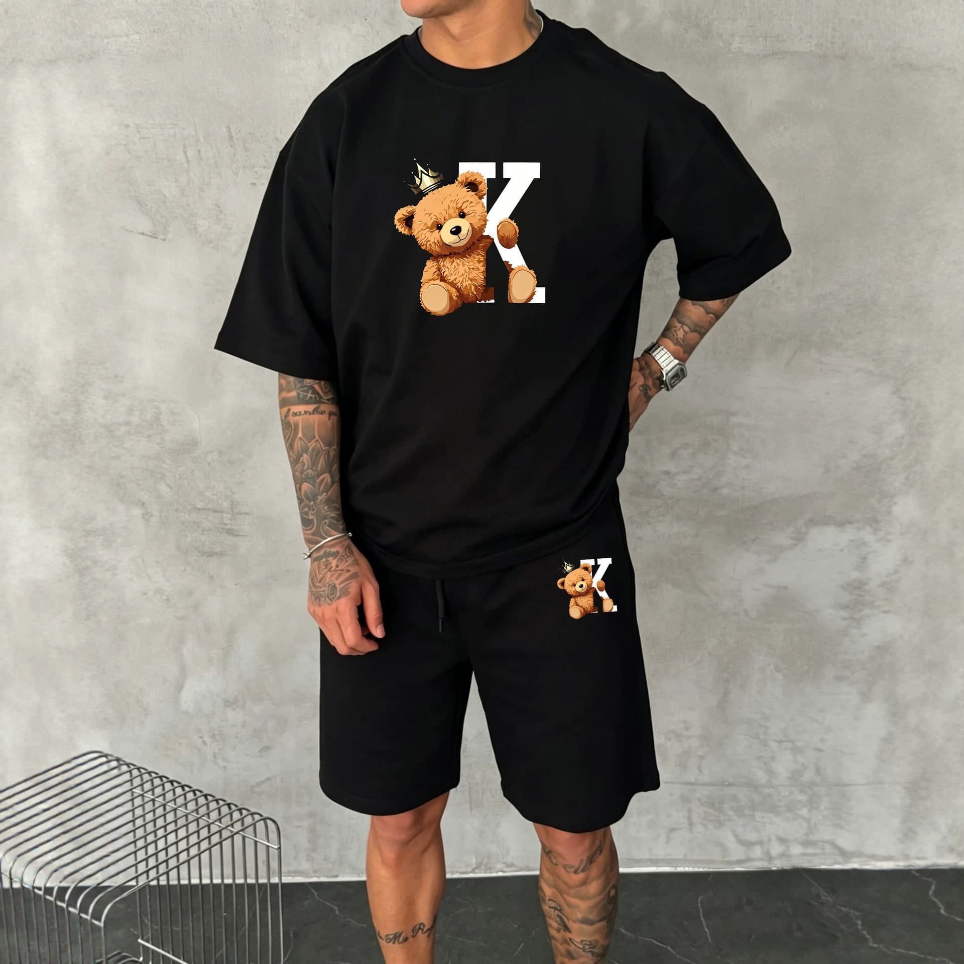 Men's Hip-Hop Cotton T-Shirt Set - 2-Piece Crewneck Tee Outfit With Bear Graphic Print, Streetwear Style