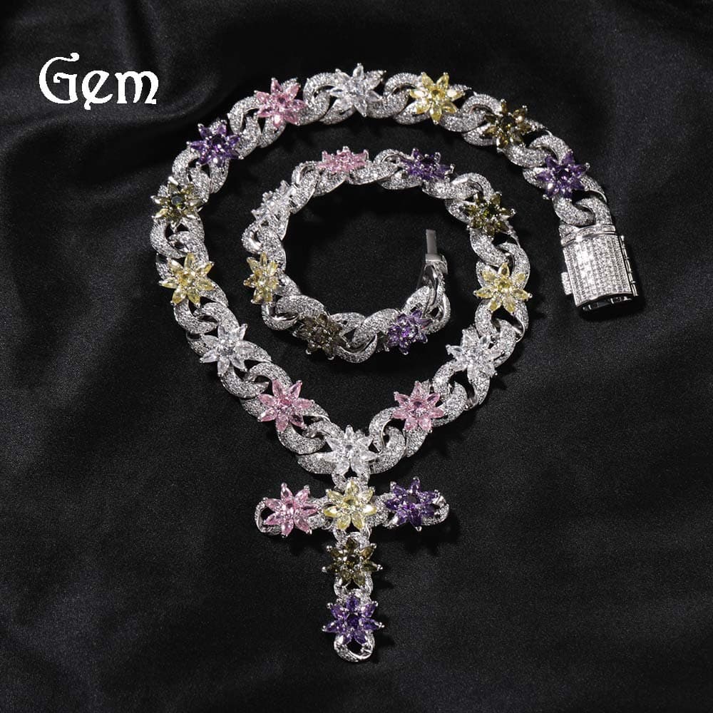 European American Fashion Colorful Ice Cross Necklace For Men And Women High-end Zircon Flower Design Infinite Chain !