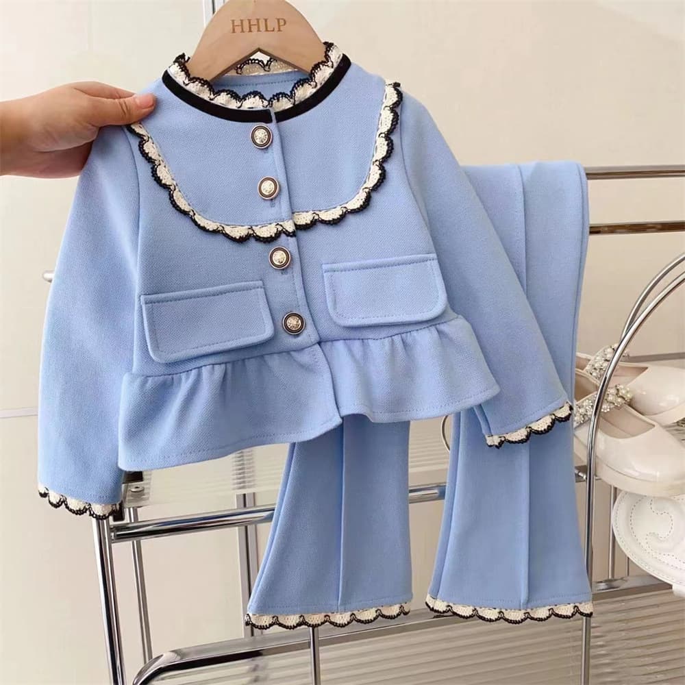 Kids Clothing New suit for girls, temperament style, small fragrance style, lace jacket + flared pants, two piece suit, 2024 spring clothes