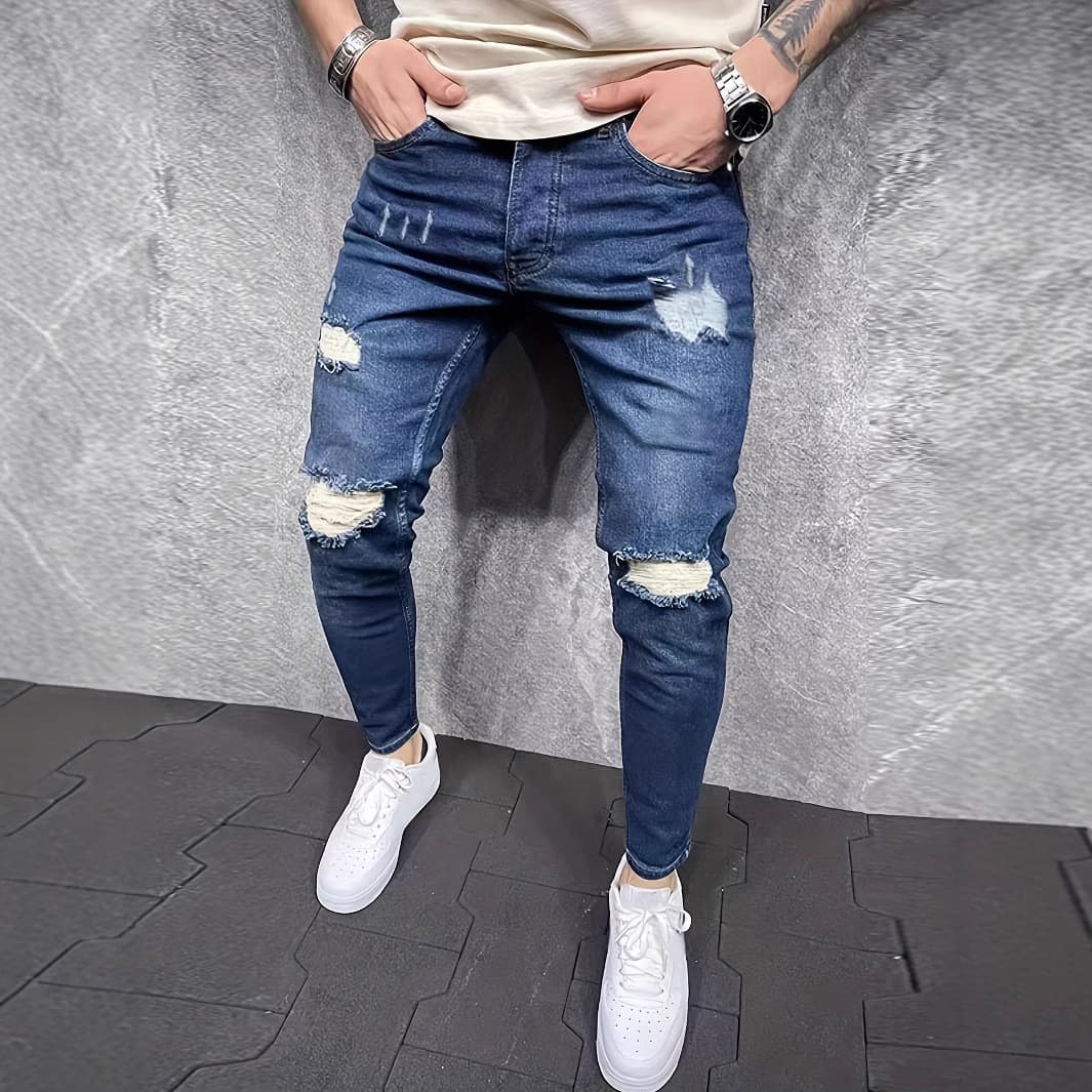 Men's Clothing Fashion Trend Elastic Skinny Jeans Elastic Broken Copper Slim Jeans For Men
