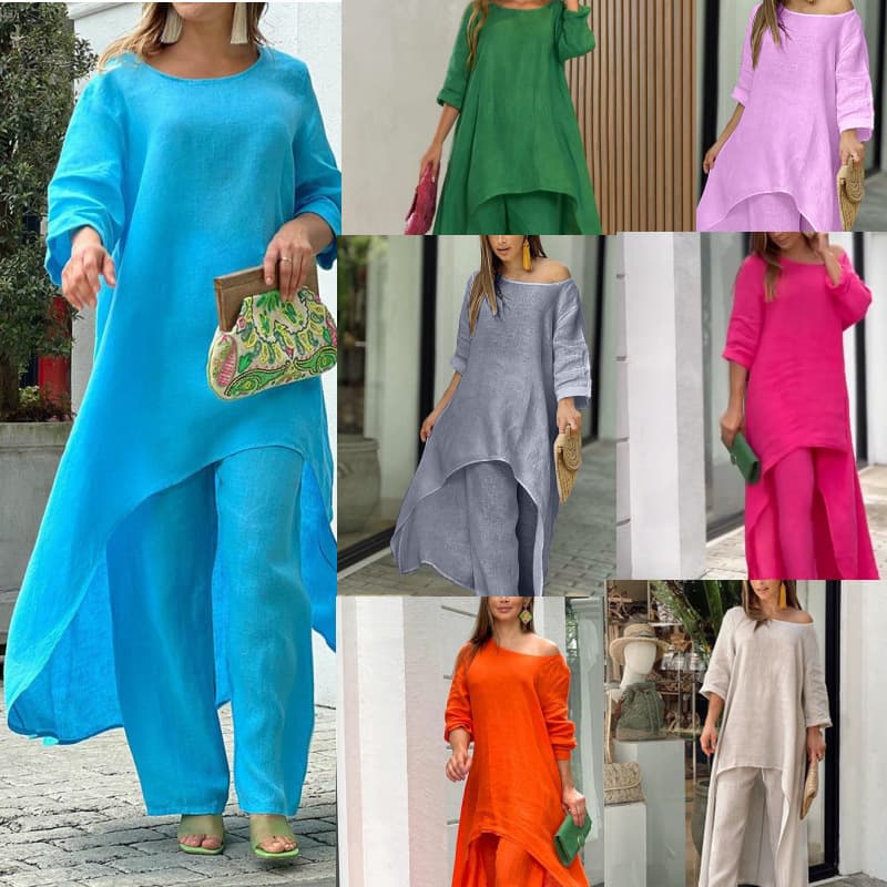 Women's Clothing Cotton And Linen Fashion Casual Large Size Irregular Long Sleeved Suit Wide Leg Pants Two Piece Suit