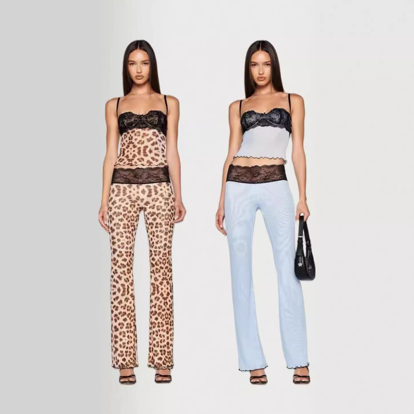 Women's Clothing Leopard print tops mesh see through lace tube top suspender trousers