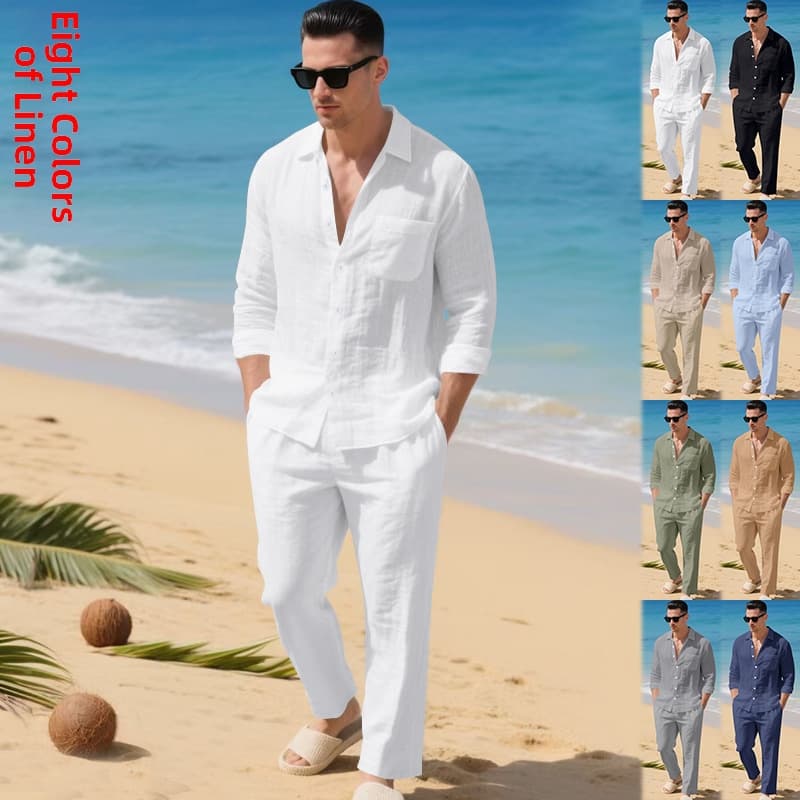 Men's Linen Shirt & Pants Set – Breathable Resort Wear With Lapel Collar & Long Sleeves​