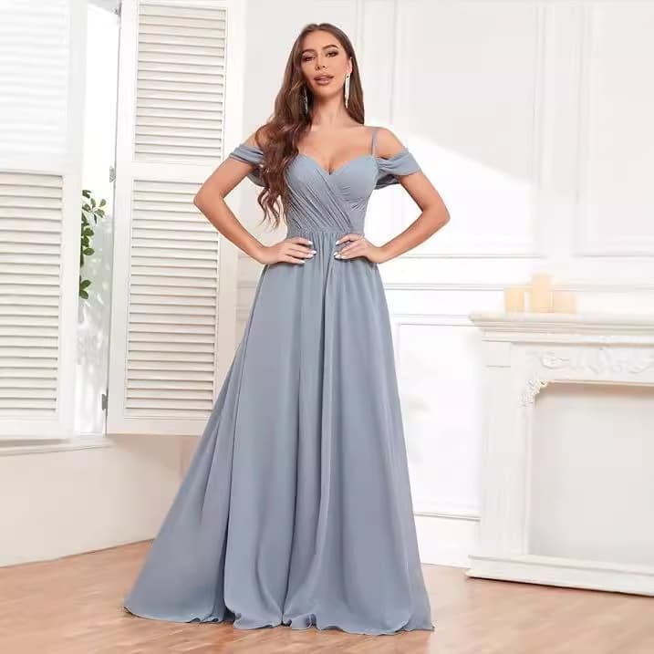 Elegant Off-Shoulder Bridesmaid Dress Long Chiffon Formal Evening Gown With Ruffles & Pleats For Wedding Party, Prom, Black Tie Events