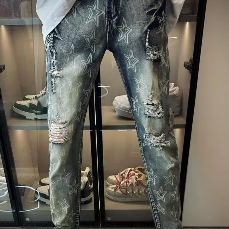 Men's Stretch Slim Fit Ripped Jeans - Vintage Denim Pants With Comfortable Straight Leg For Casual & Streetwear