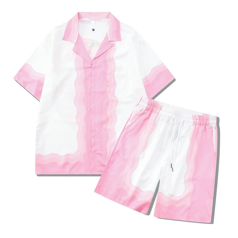 Men's clothing high street floral shirt suit pink gradient shirt casual cardigan shorts matching men