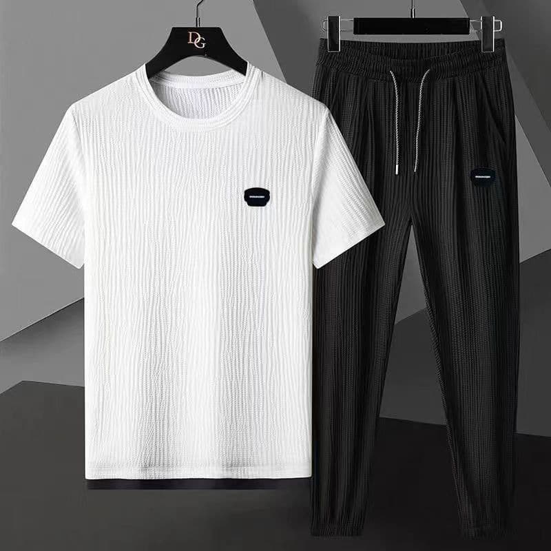 Men's clothing sports suit for men, cool, breathable, silky, elastic, quick-drying, ultra-thin, short-sleeved, large-size trousers, two-piece suit