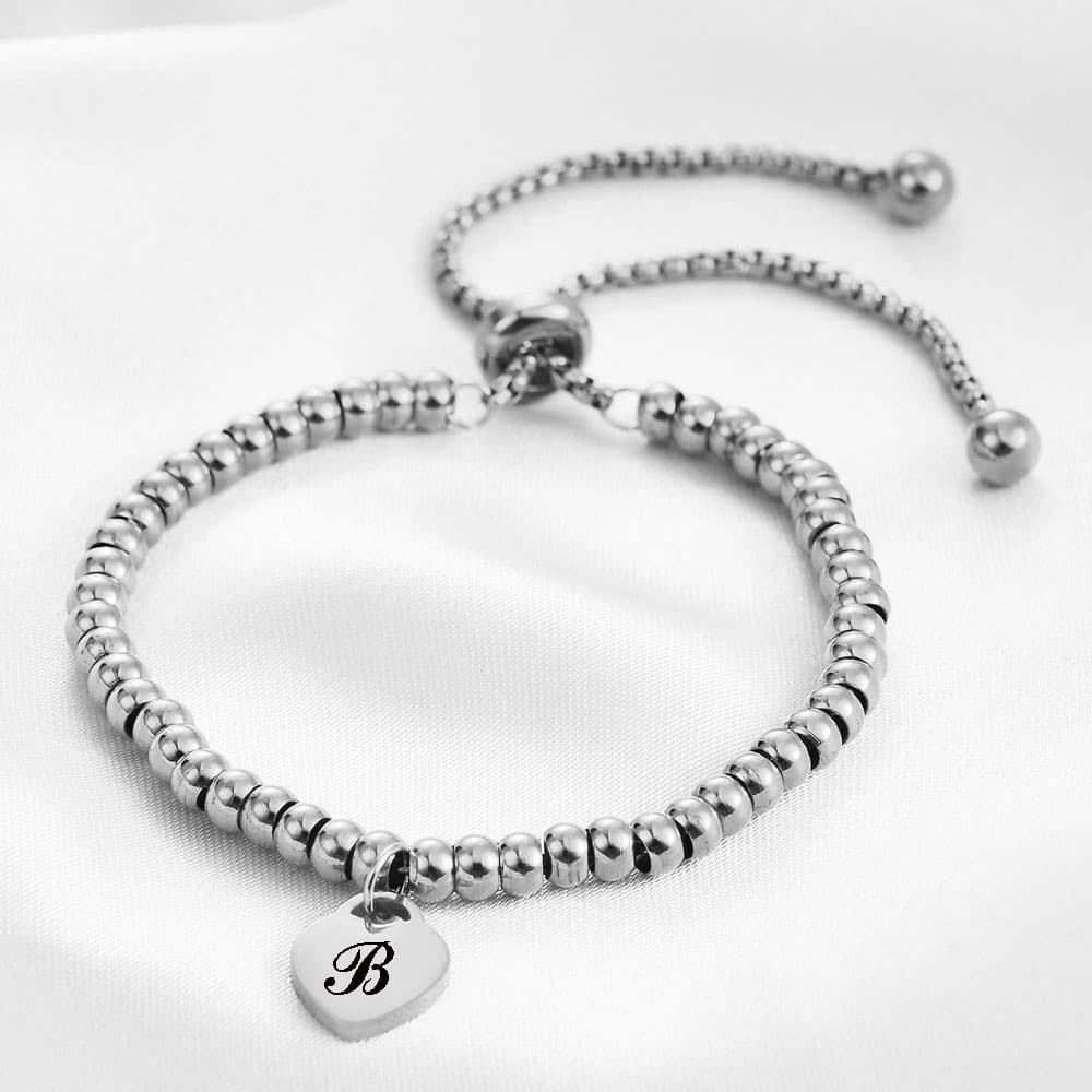 26 letters stainless steel simple fashion heart shaped letter tag adjustable round bead personality bracelet