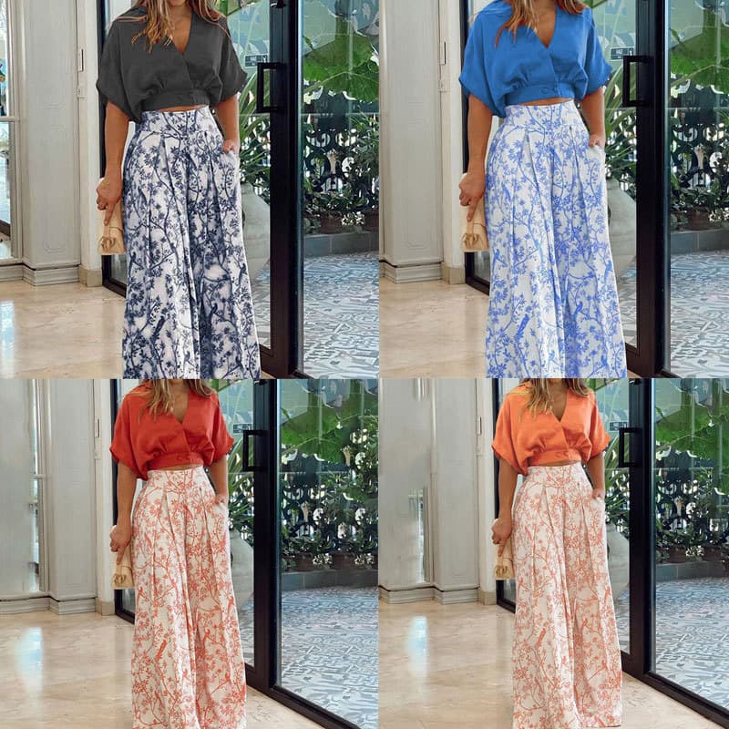 Women's fashion V-neck sexy short tops casual loose printed wide-leg pants two-piece suits for women