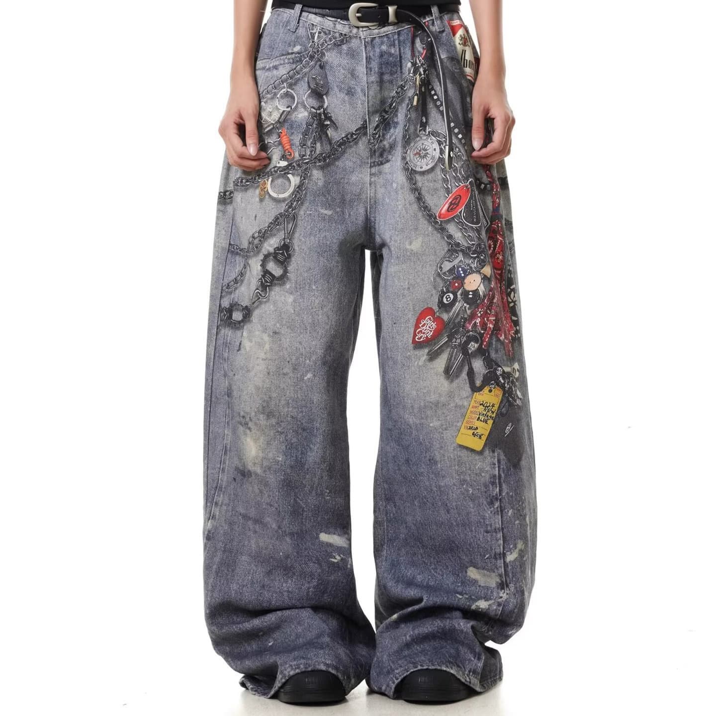 American AC Style 3D Printed Chain Pendant Jeans Men's Design Sense Washed Vintage Loose Straight Long Pants Trendy