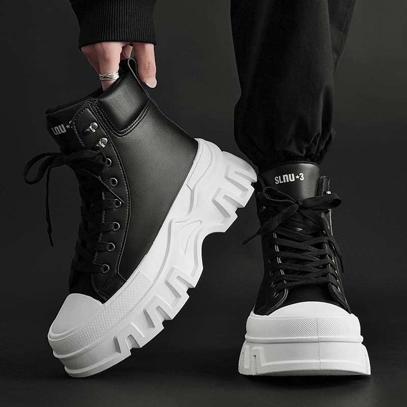 Men's Casual Sneakers With Thick Sole - PU Leather High-Top Unisex Shoes For Daily Wear (Black/White, Size 37-44)​