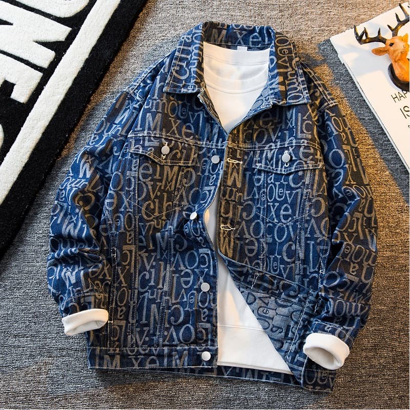 Men's Clothing Heavy Industry Full Print Jacquard Denim Jacket Spring And Autumn Handsome Casual Jacket