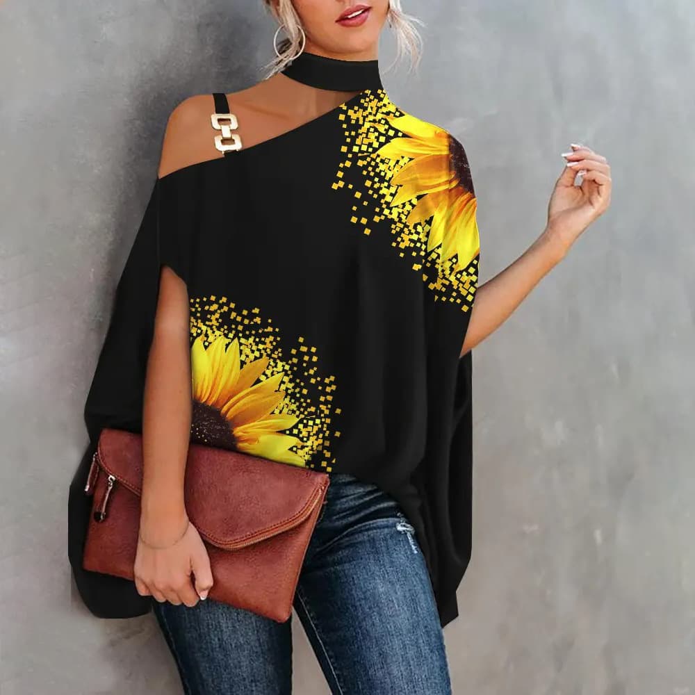 Women's Clothing Printed Sexy Sloped Collar Loose Top M10056