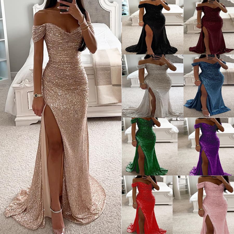 K New Party Sequin Off-the-shoulder Slit Dress Fashionable Dress For Women