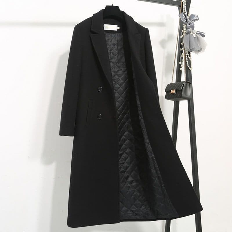 Women's Quilted Wool Blend Coat - Slim Fit Long Trench Coat With Thick Padding, Warm Winter Overcoat In Black, Korean Style Tailored Outerwear